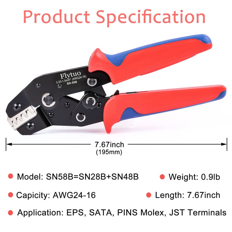 Flytuo Wire Crimping Tool for AWG24-16 (0.25-1.5mmÂ²) and Terminal Crimping Tool Works for Dupont Wire EPS,SATA,PINS MOLEX,JST Terminals - Image 2